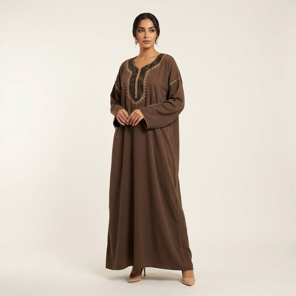 Gandoura Dress - Chocolate Embroidered Arabesque Style