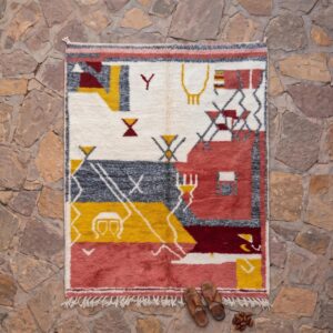 Hand Knotted Beni Ourain Wool Rug, Abstract Tribal Amazigh Carpet, Terracotta Burgundy Shag
