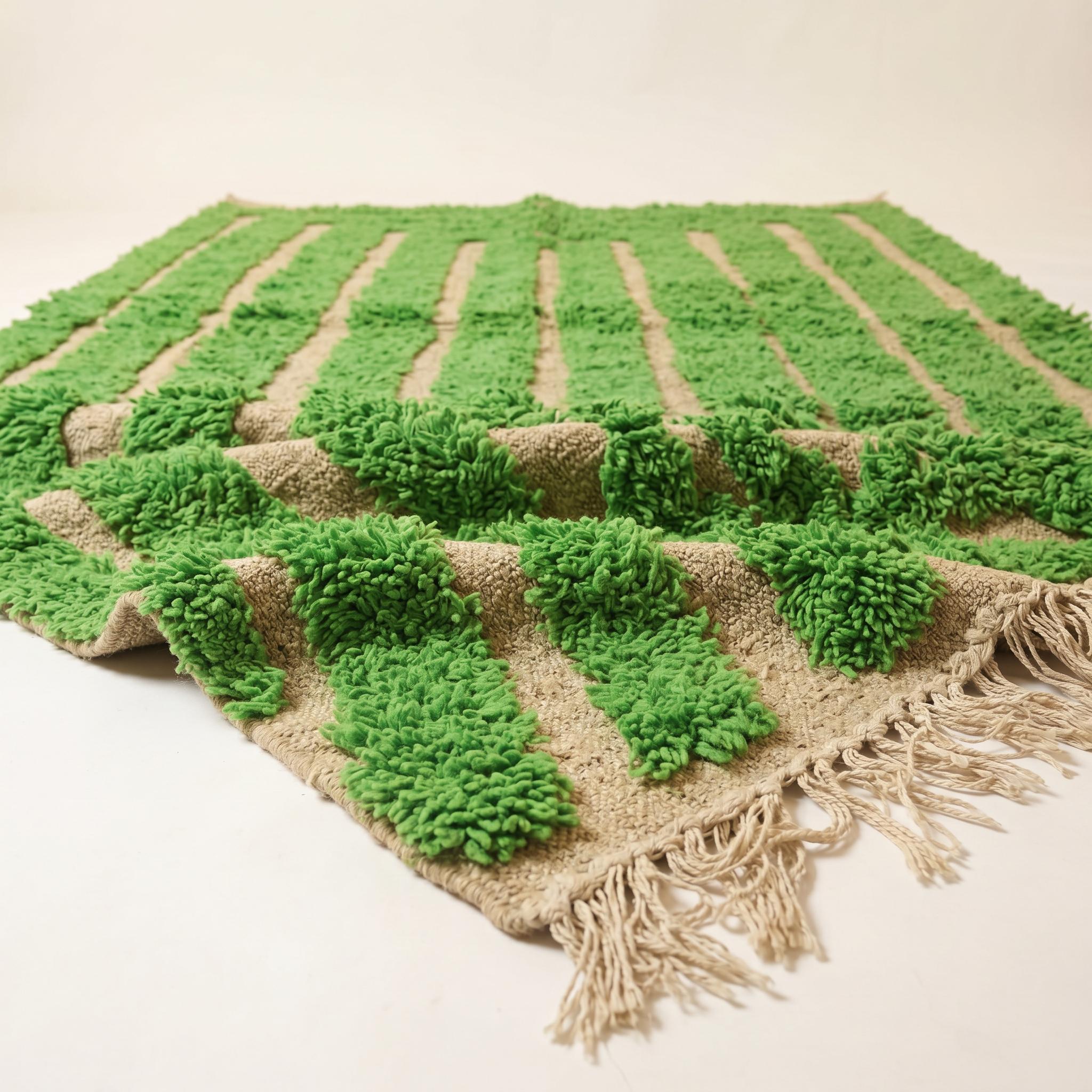 Rug - Green Ivory Stripe Wool Rug - Handmade Berber Graphic Rug - Bright Green Boho Area Rug - Maze Pattern Carpet - Multiple Sizes
