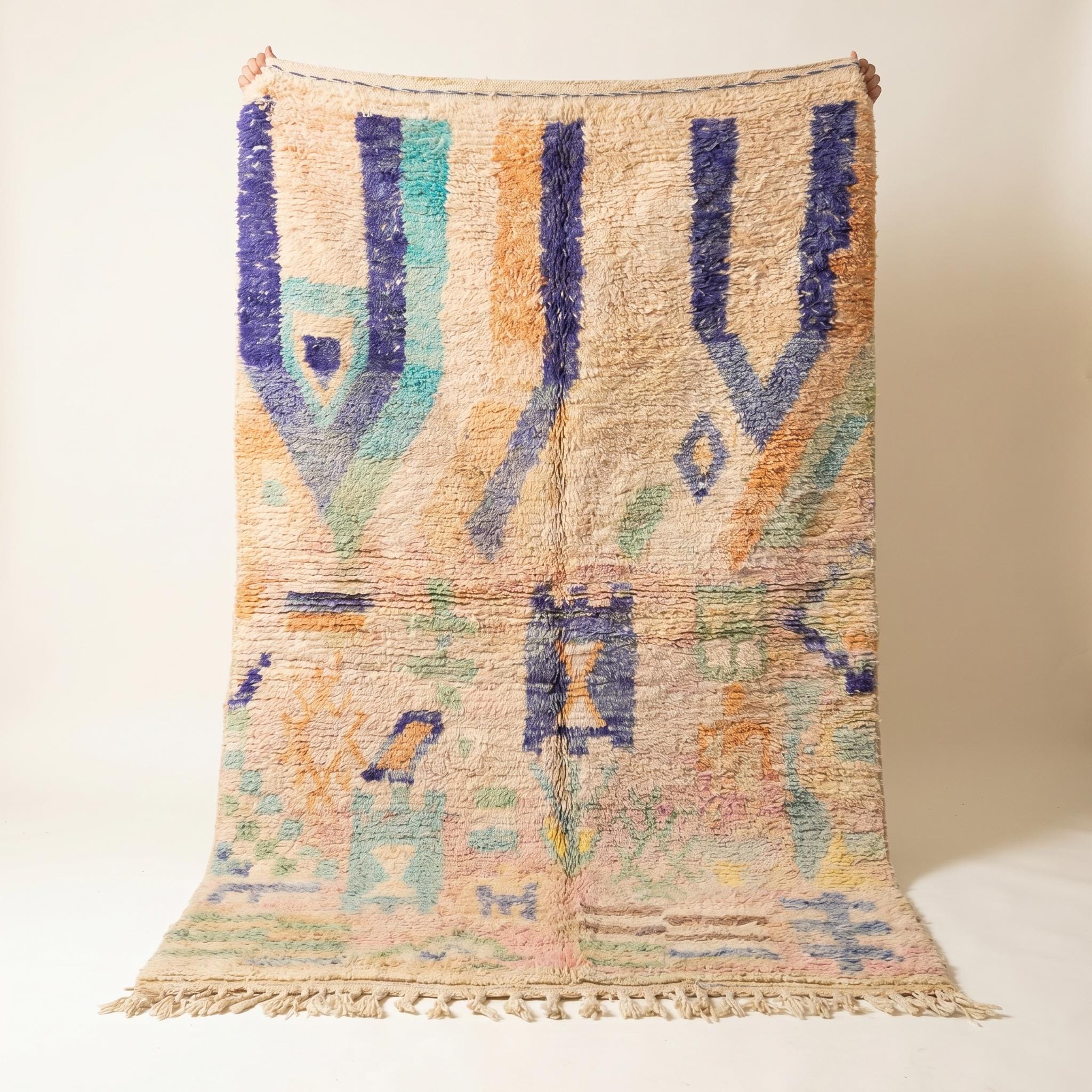 Boujaad Rug 8x5 ft - Ivory Indigo Pastel Wool Rug - One of a Kind Art Rug - Rare Collector Berber Carpet - Abstract Boho Rug