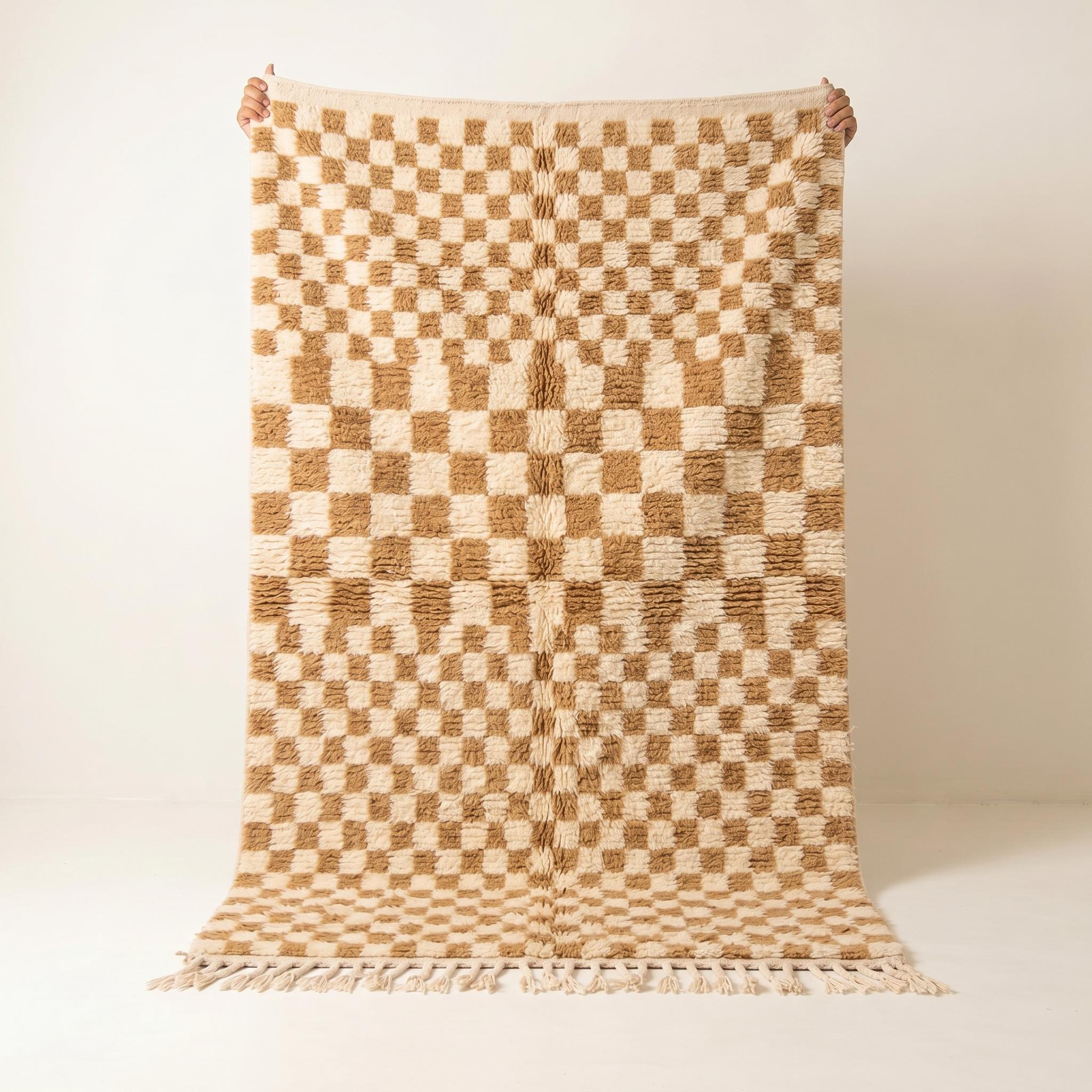 Checkered Rug - Ivory Camel Wool Rug - Handmade Neutral Checker Rug - Japandi Area Rug - Berber Carpet - Multiple Sizes