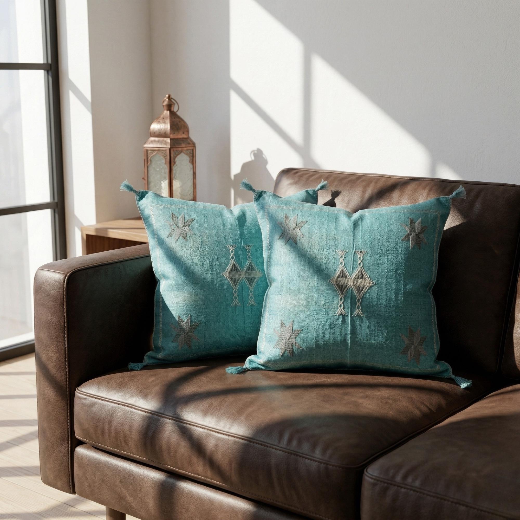 Berber Sky Blue Cactus Silk Handmade Sabra Pillow