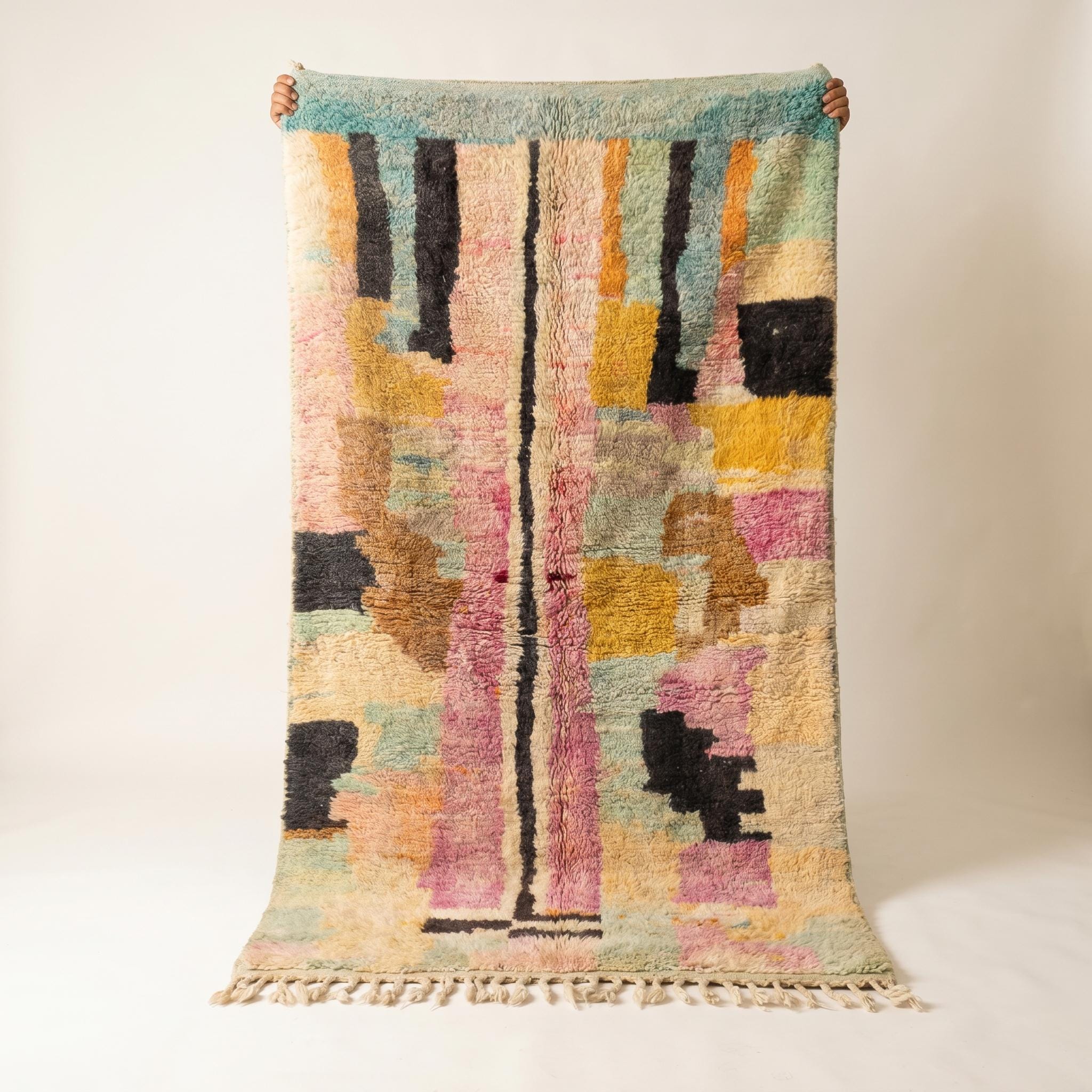 Boujaad Rug 8x5 ft - Pink Mustard Pastel Wool Rug - One of a Kind Art Rug - Rare Color Block Berber Carpet - Collector Boho Rug
