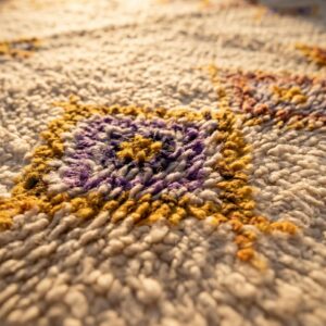 Handmade Beni Ourain Amazigh Rug, Ivory Wool Shag, Saffron Purple Amber Totem Carpet