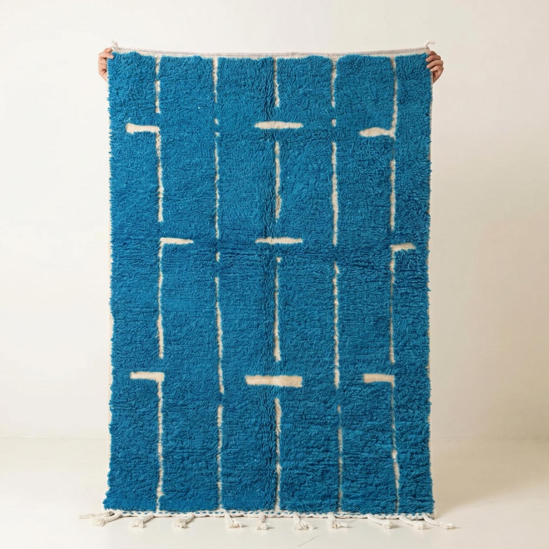 Boujaad Rug - Teal Blue Ivory Wool Rug - Handmade Abstract Rug - Boho Area Rug - Berber Carpet - Multiple Sizes
