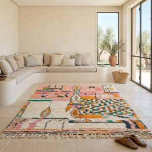 Pink Abstract Wool Rug, Handwoven Berber Carpet, Bohemian Geometric Area Rug