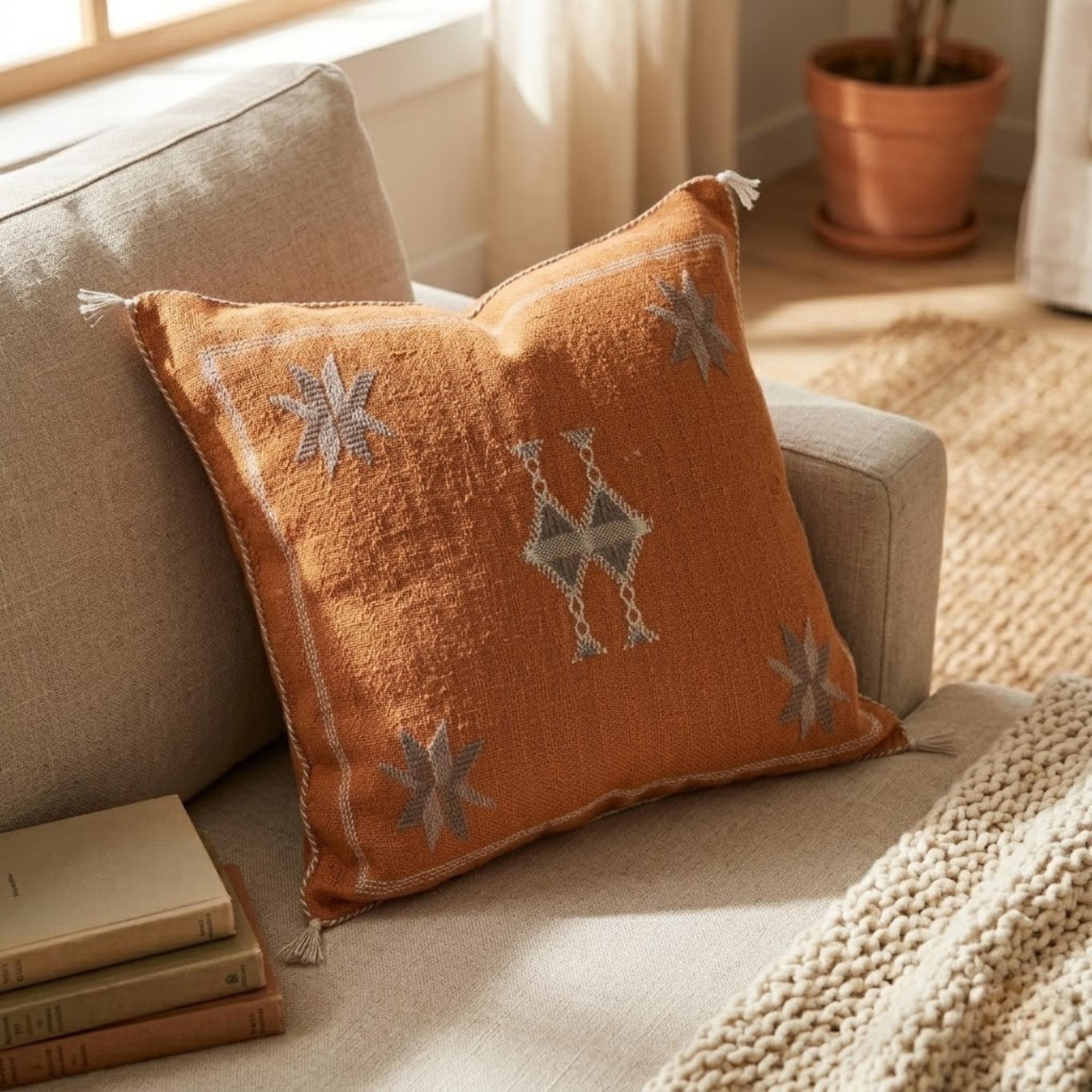 Berber Orange Cactus Silk Handmade Sabra Cushion Pillow