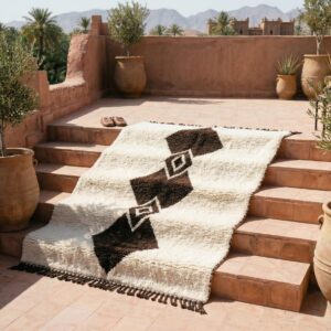 Handwoven Beni Ourain Diamond Wool Rug, Brown Cream Berber Carpet, Boho Living Room Decor