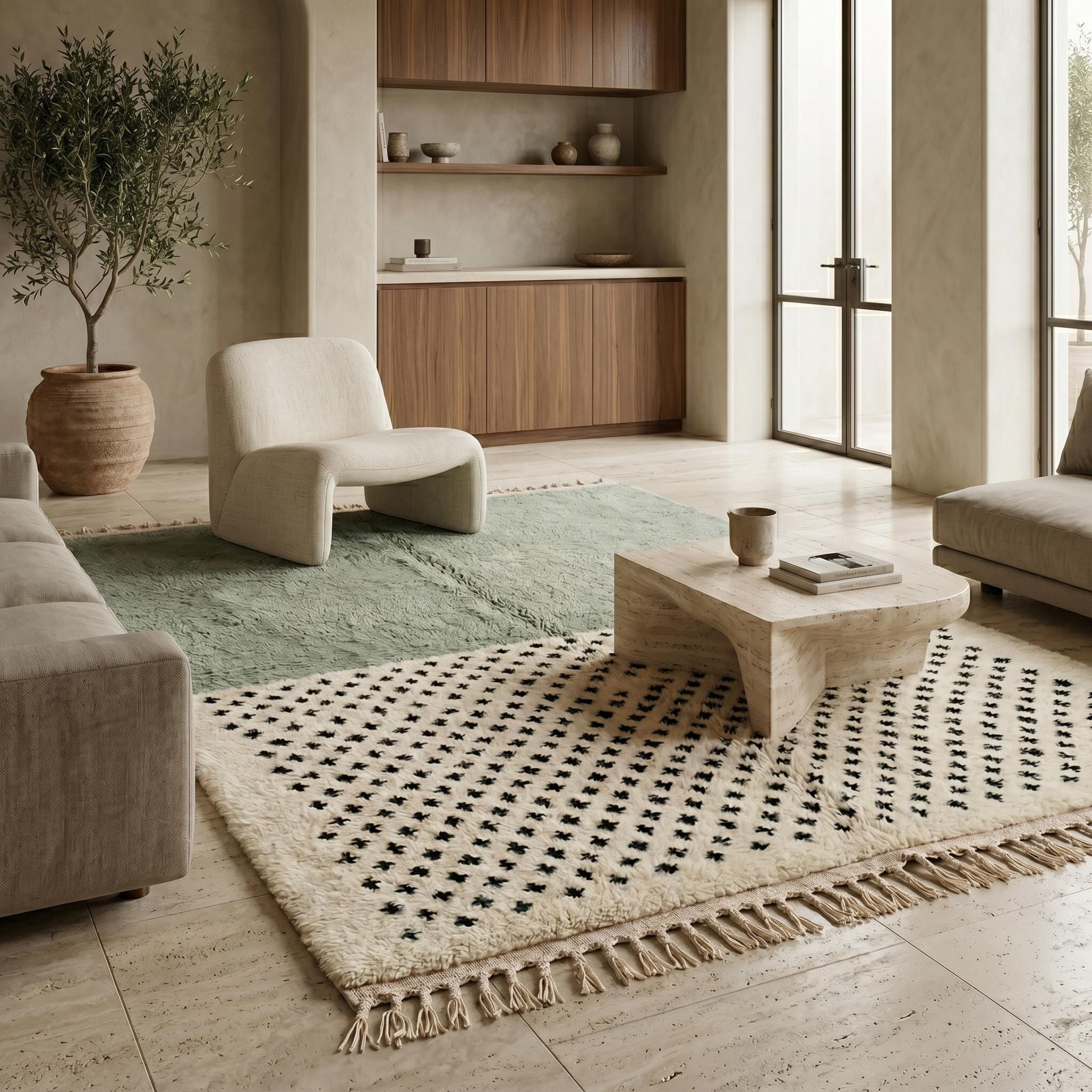 Boujaad Rug - Sage Green Ivory Wool Rug - Handmade Color Block Dot Rug - Modern Area Rug - Berber Carpet - Multiple Sizes