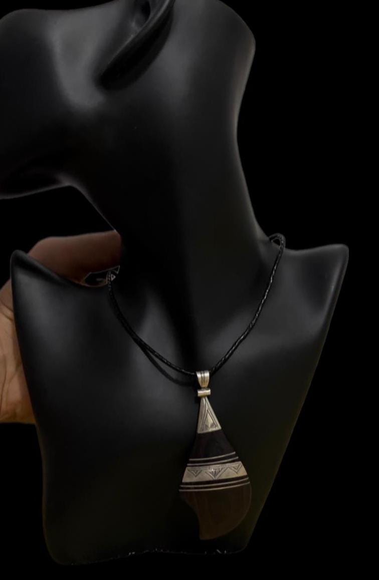 Antique Tuareg Ebony Pendant: Sterling Silver Inlay, African Amulet