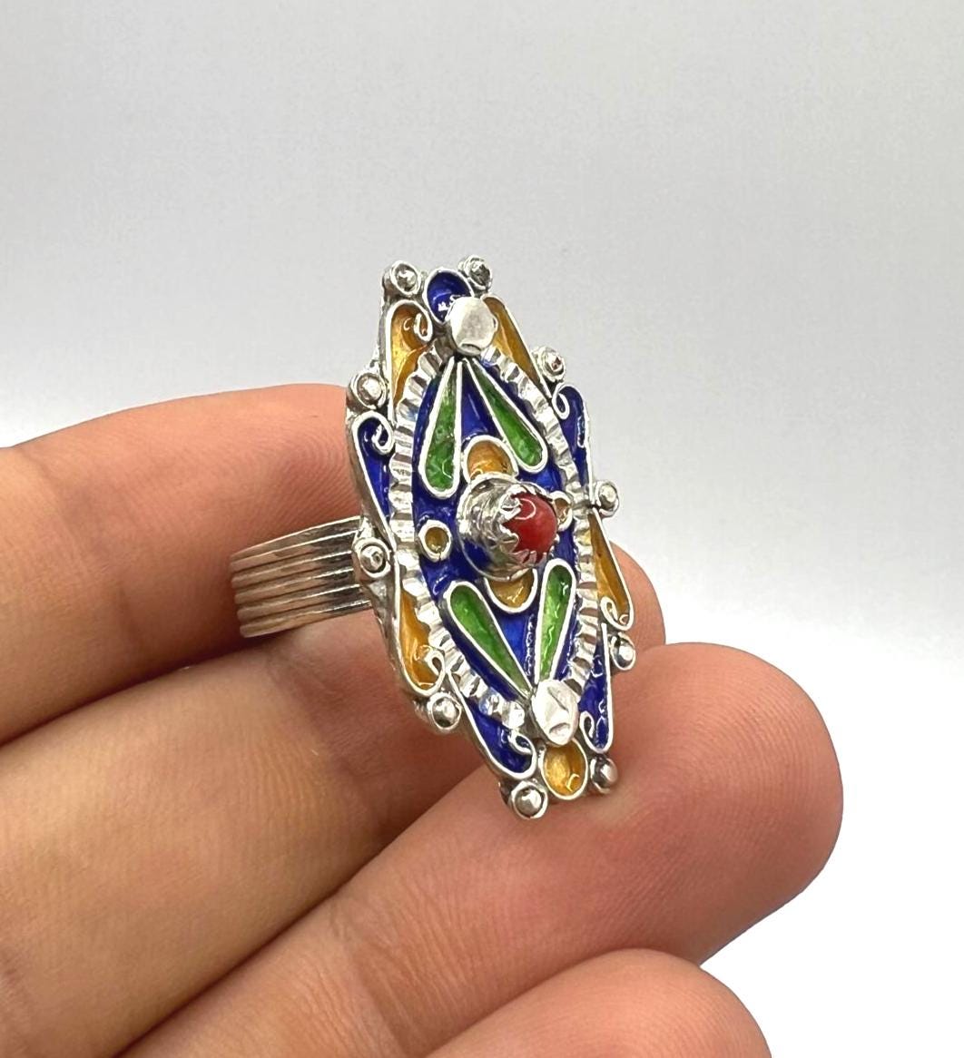 Kabyle Berber Ring: Sterling Silver, Enamel Coral - Handmade Adjustable Size FR 59 / 9 US