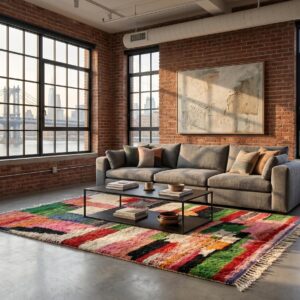 Tribal Wool Rug Multicolor - Handwoven Boujaad Berber Carpet, Pink Green Color Block Boho Custom Living Room Area Rug