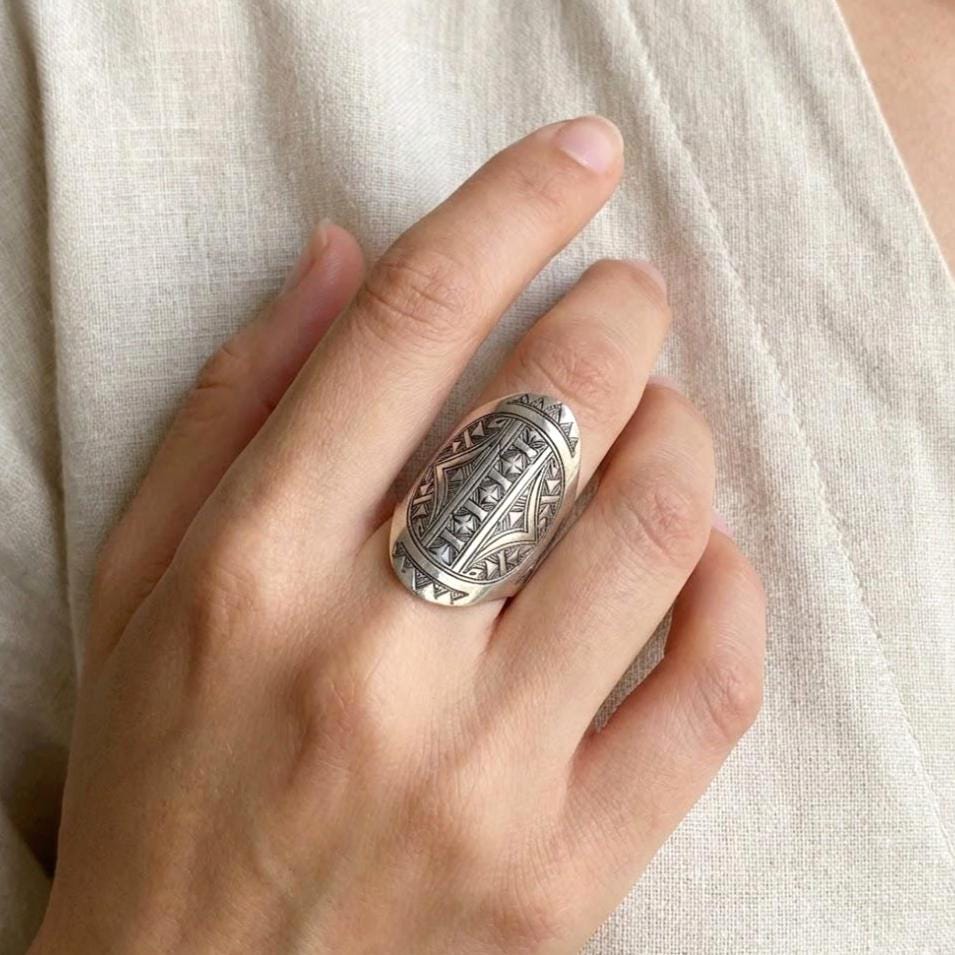 Berber Sterling Silver Ring: Engraved Tuareg Tribal Jewelry, Size 10 US