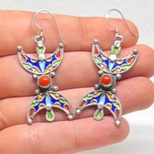 Berber Enamel Coral Sterling Silver Earrings: Amazigh Yaz Symbol Tribal Jewelry