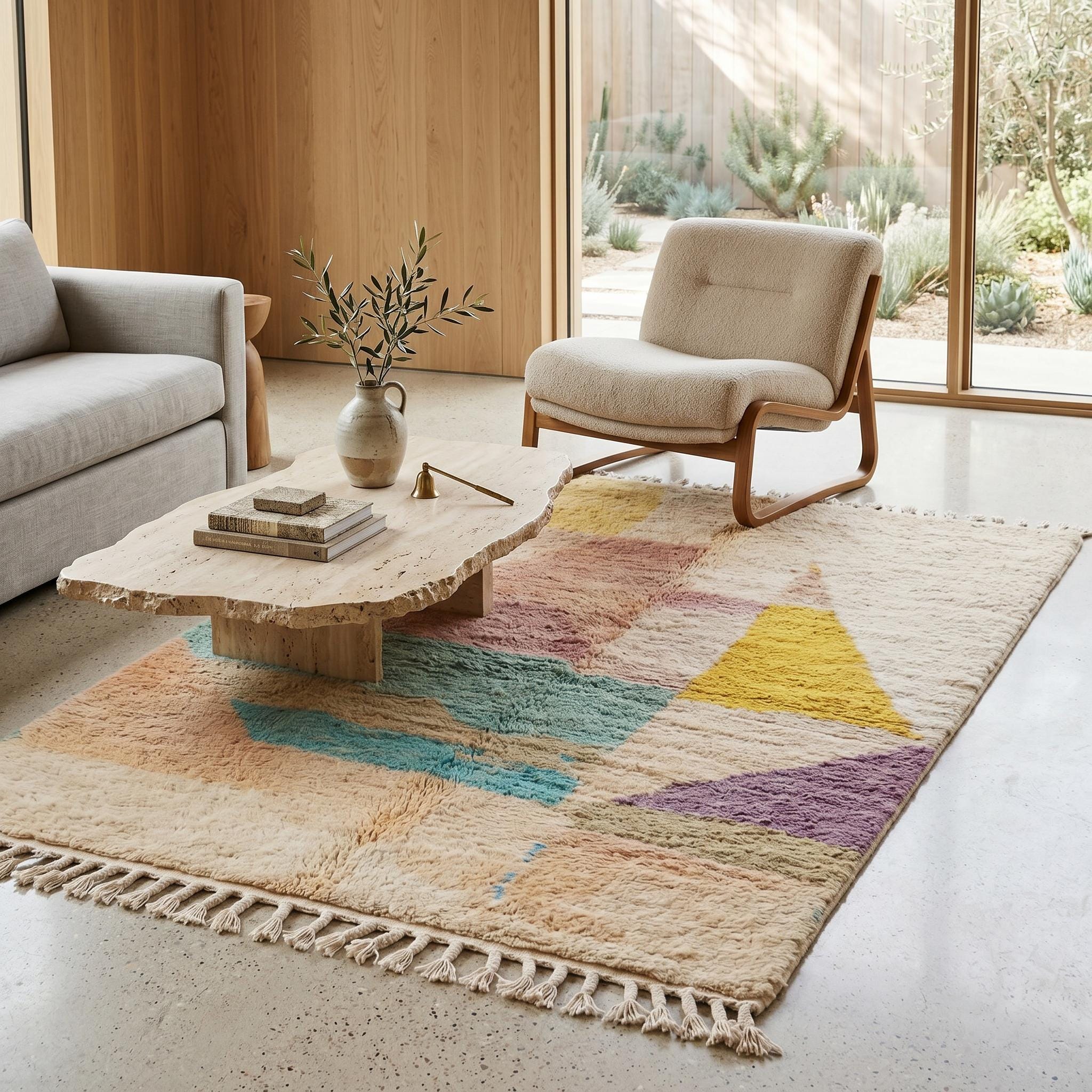 Boujaad Rug - Ivory Yellow Teal Pastel Wool Rug - Handmade Abstract Color Block Rug - One of a Kind Boho Berber Carpet
