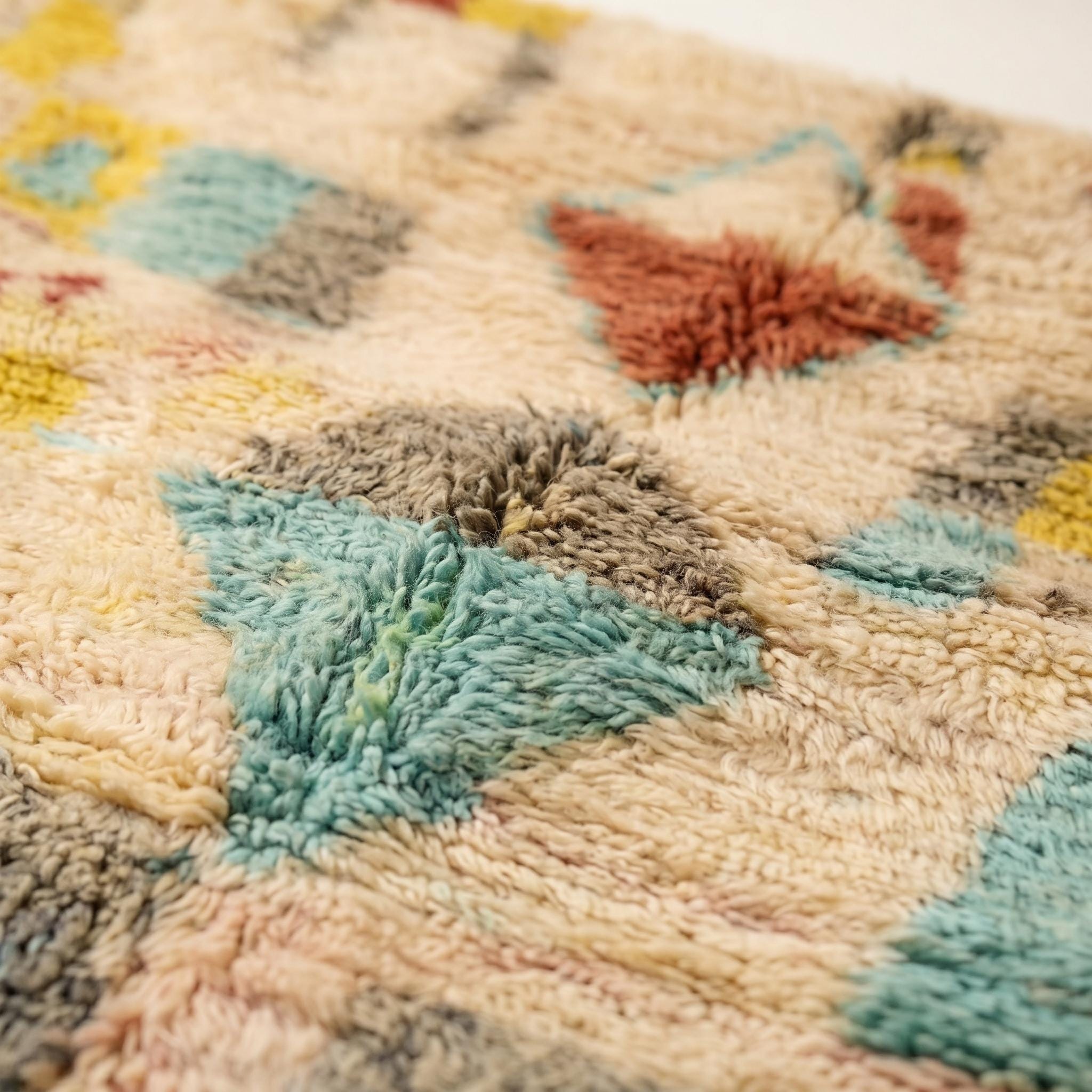 Boujaad Rug - Ivory Teal Yellow Grey Wool Rug - Handmade Abstract Symbol Rug - One of a Kind Boho Berber Carpet