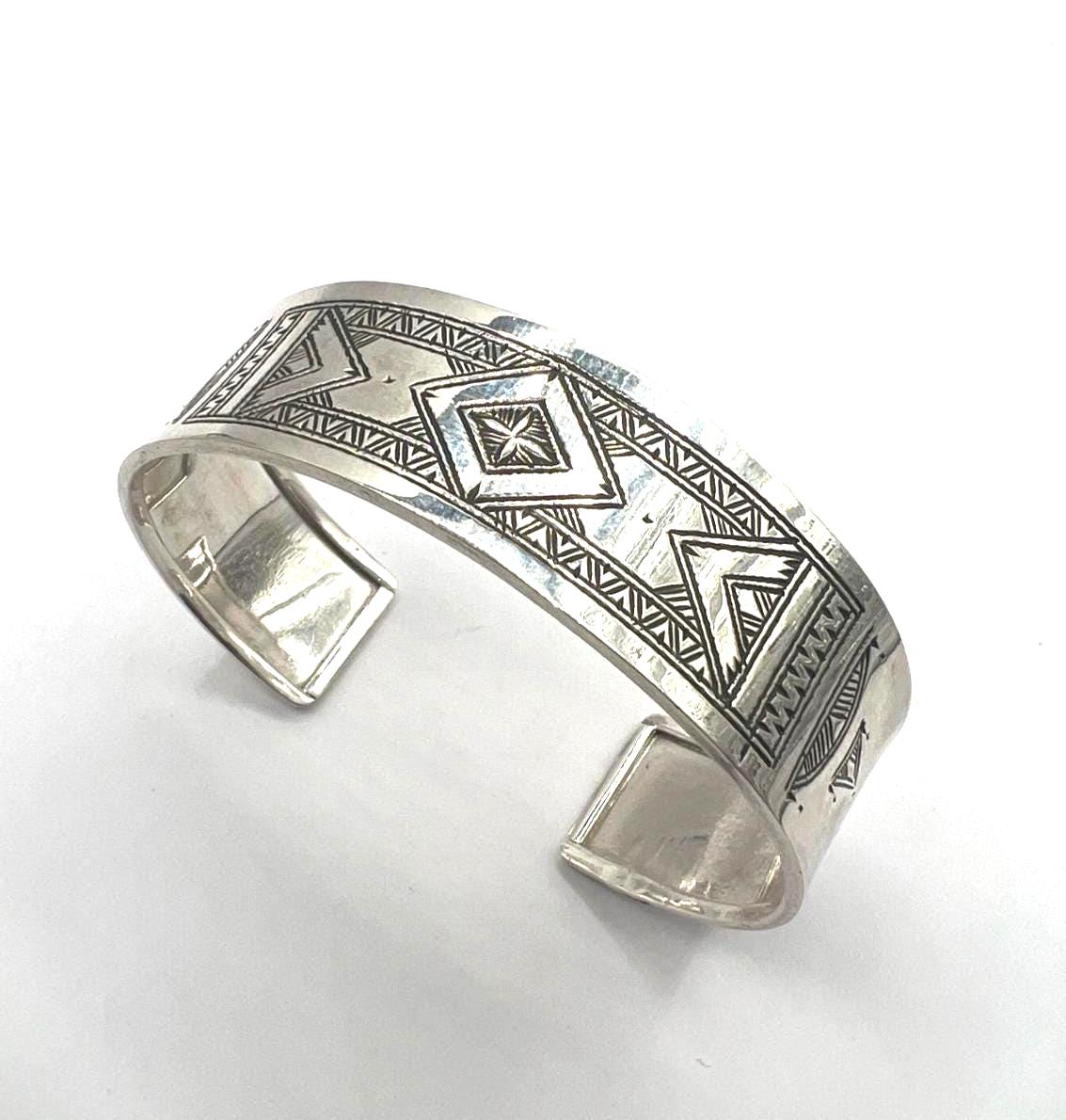 Berber Sterling Silver Tuareg Cuff Bracelet: Hand-Engraved African Tribal Bangle, Boho Ethnic African Hammered Jewelry