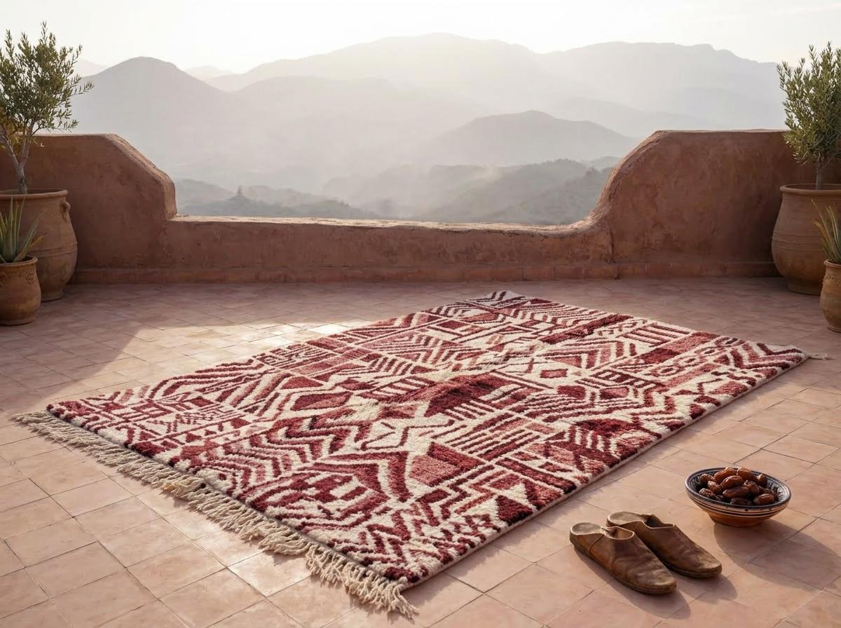 Handwoven Burgundy Berber Rug - Abstract Tribal Wool Shag Carpet