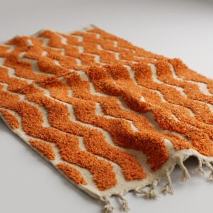Rug - Ivory Orange Zigzag Wool Rug - Handmade Berber Wave Rug - Terracotta Boho Area Rug - Abstract Stripe Carpet - Multiple Sizes