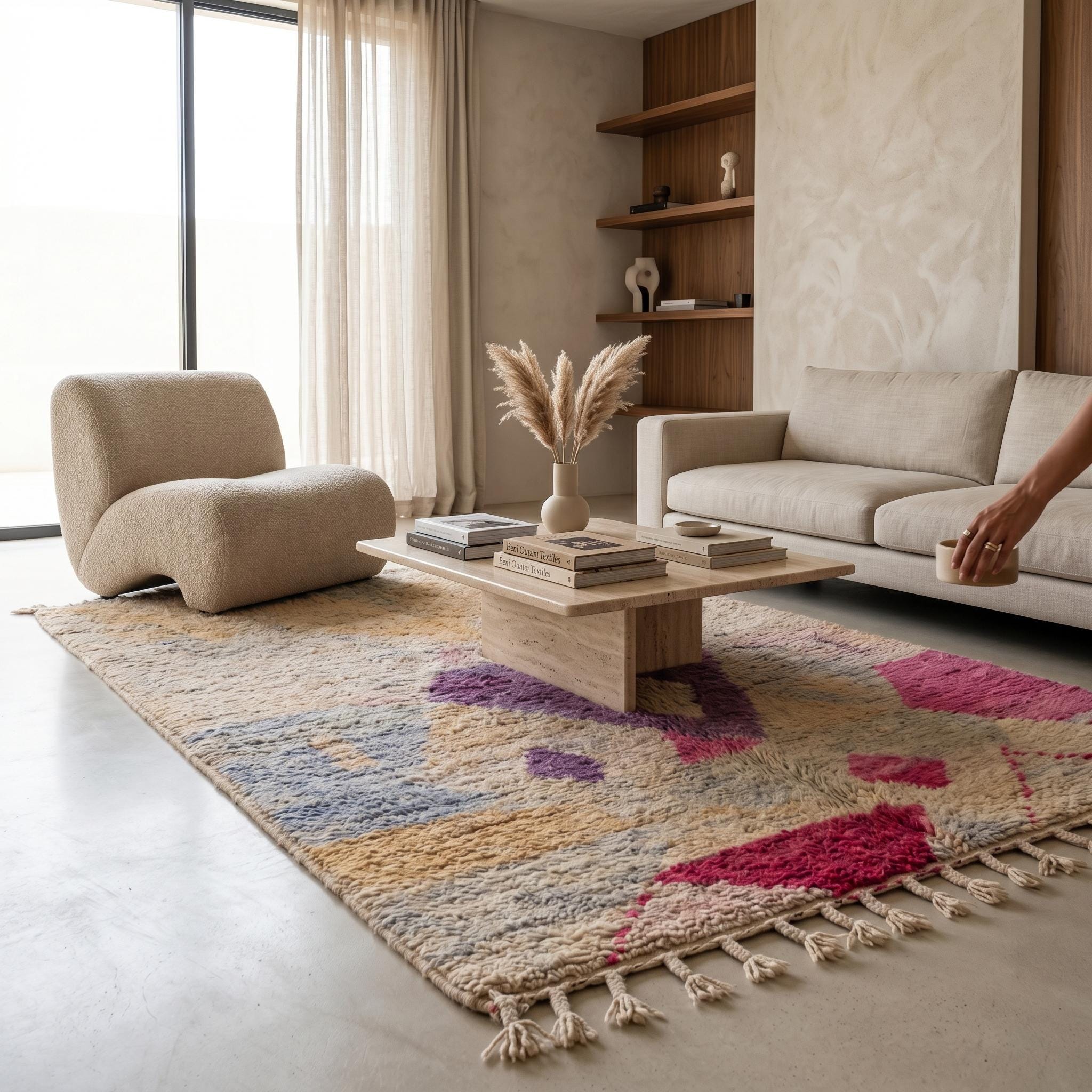 Boujaad Rug - Sandy Beige Purple Fuchsia Wool Rug - Handmade Abstract Rug - 8x5 Boho Area Rug - One of a Kind Berber Carpet