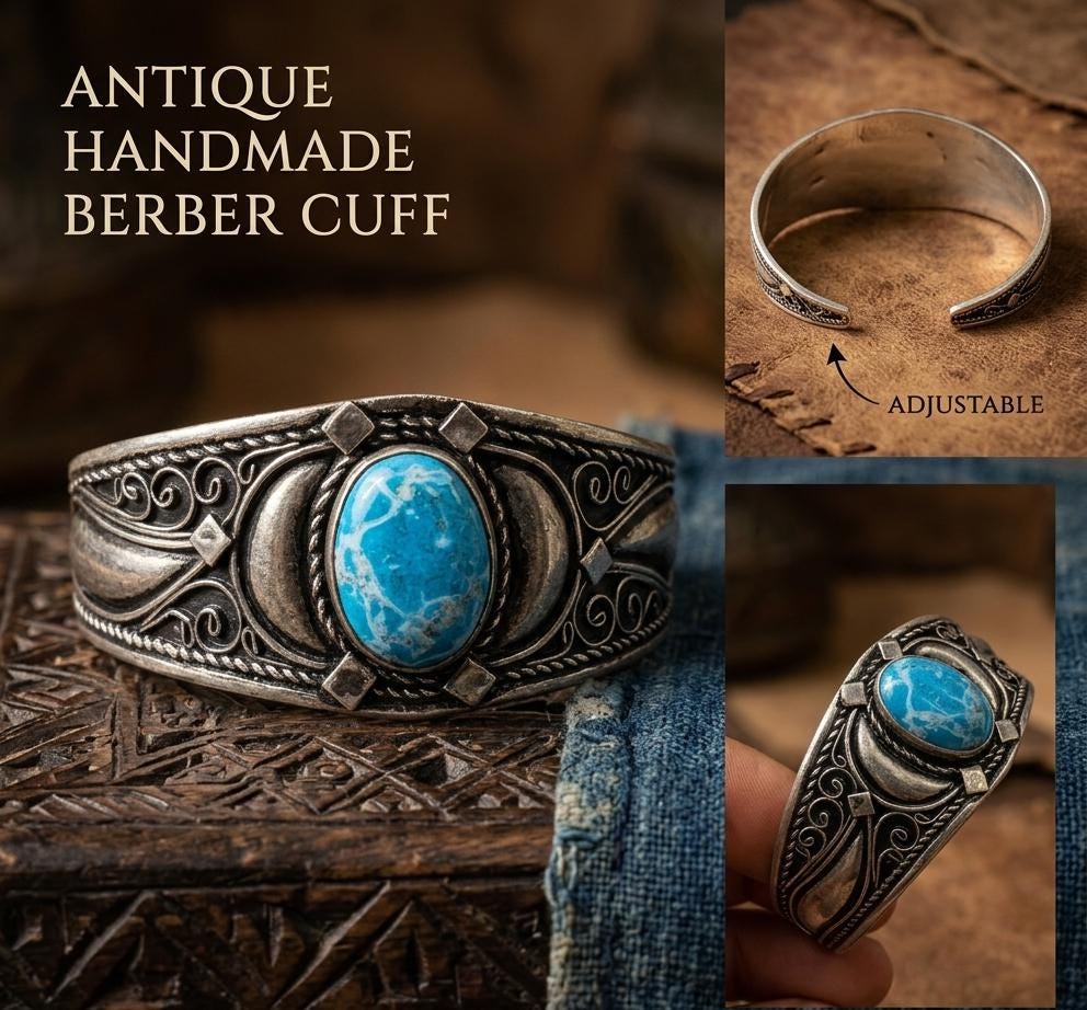 Bracelet Plated Silver Turquoise Berber Cuff Antique Handmade Adjustable Vintage African Tuareg Tribal