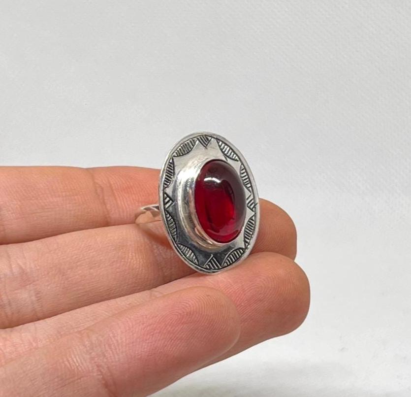Tuareg Handmade Sterling Silver Red Ruby Ring: Berber Tribal Jewelry, Size 7 US