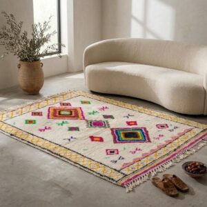 Amazigh Handmade Beni Ourain Wool Rug, Rainbow Diamond Shag Carpet, Boho Eclectic Ivory Pink Green
