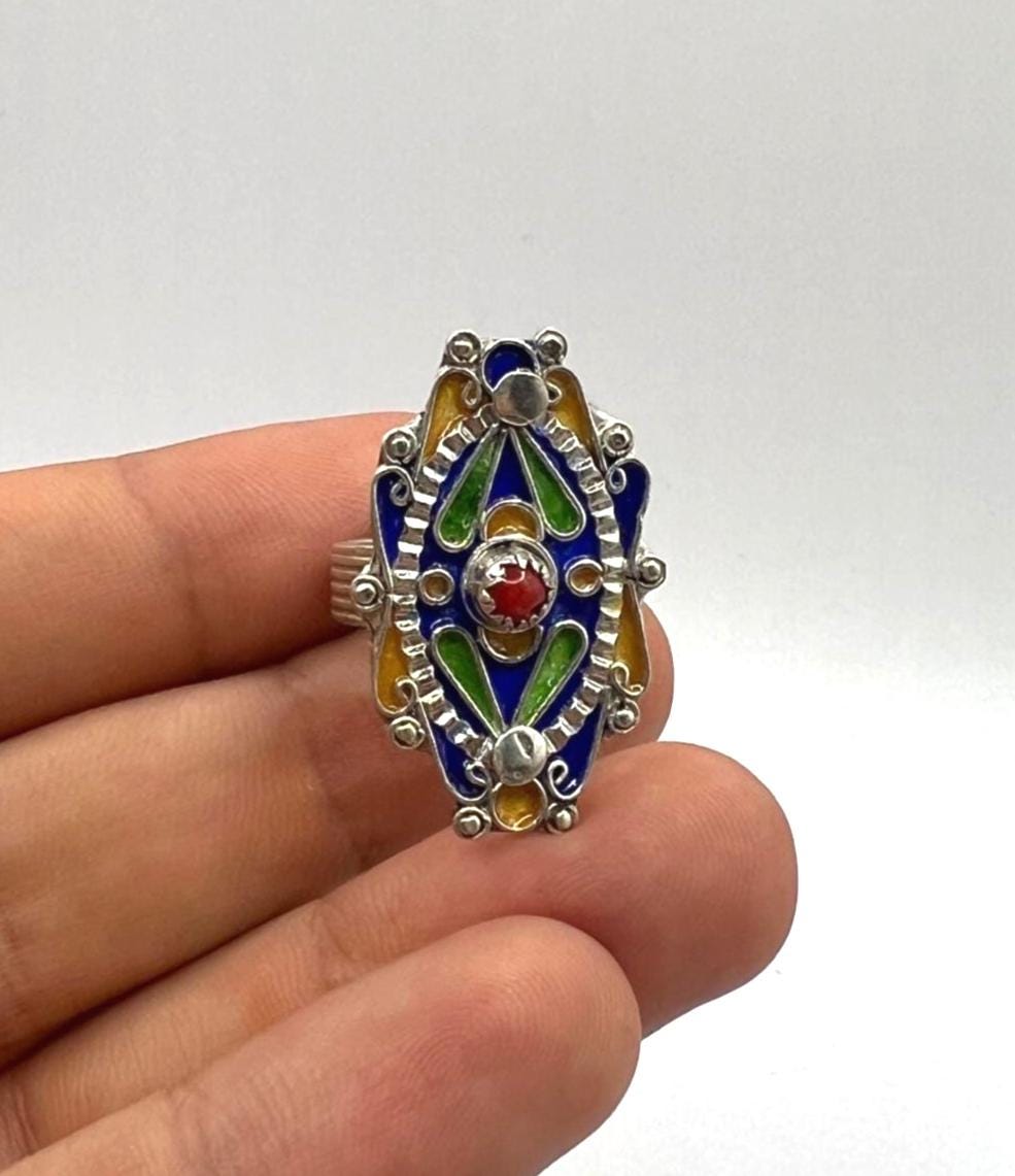 Kabyle Berber Ring: Sterling Silver, Enamel Coral - Handmade Adjustable Size FR 59 / 9 US