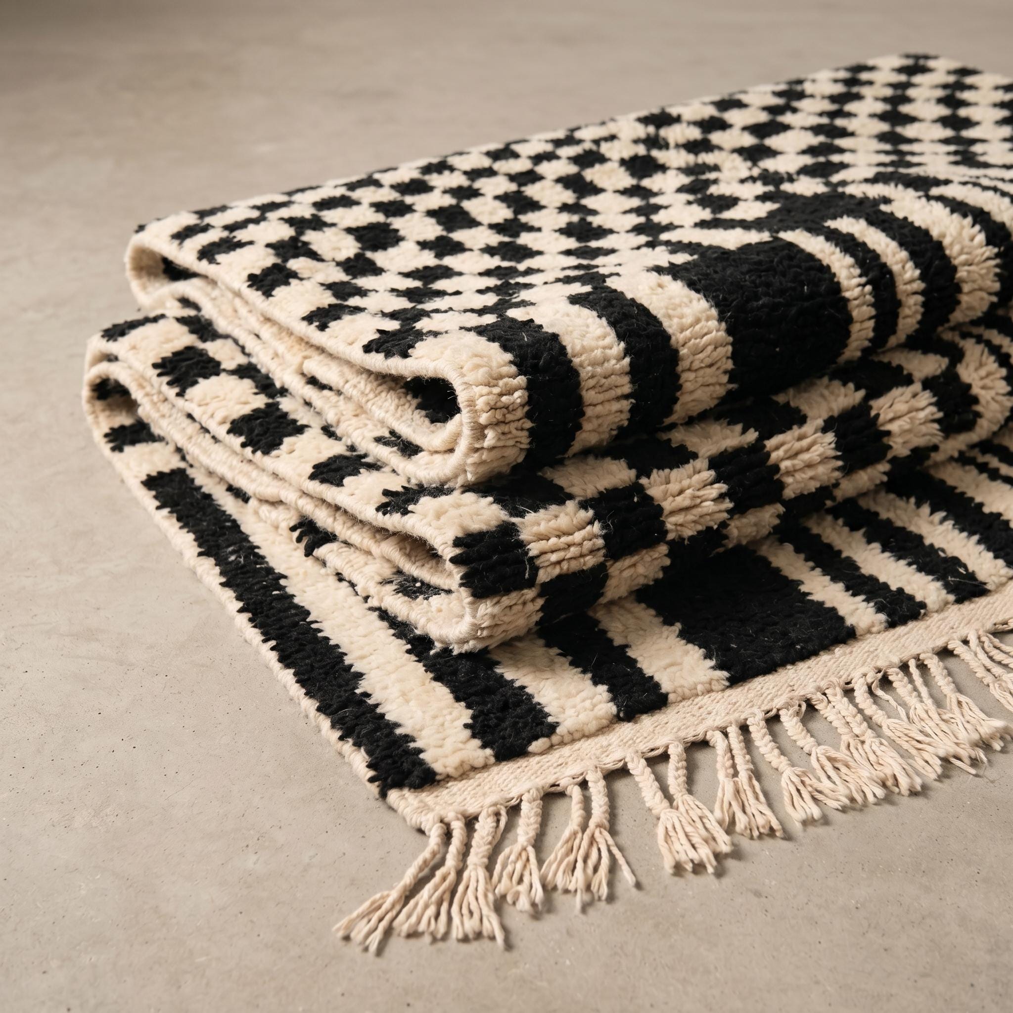Checkered Rug - Ivory Black Wool Rug - Handmade Checker Stripe Transition Rug - Modern Area Rug - Berber Carpet - Multiple Sizes