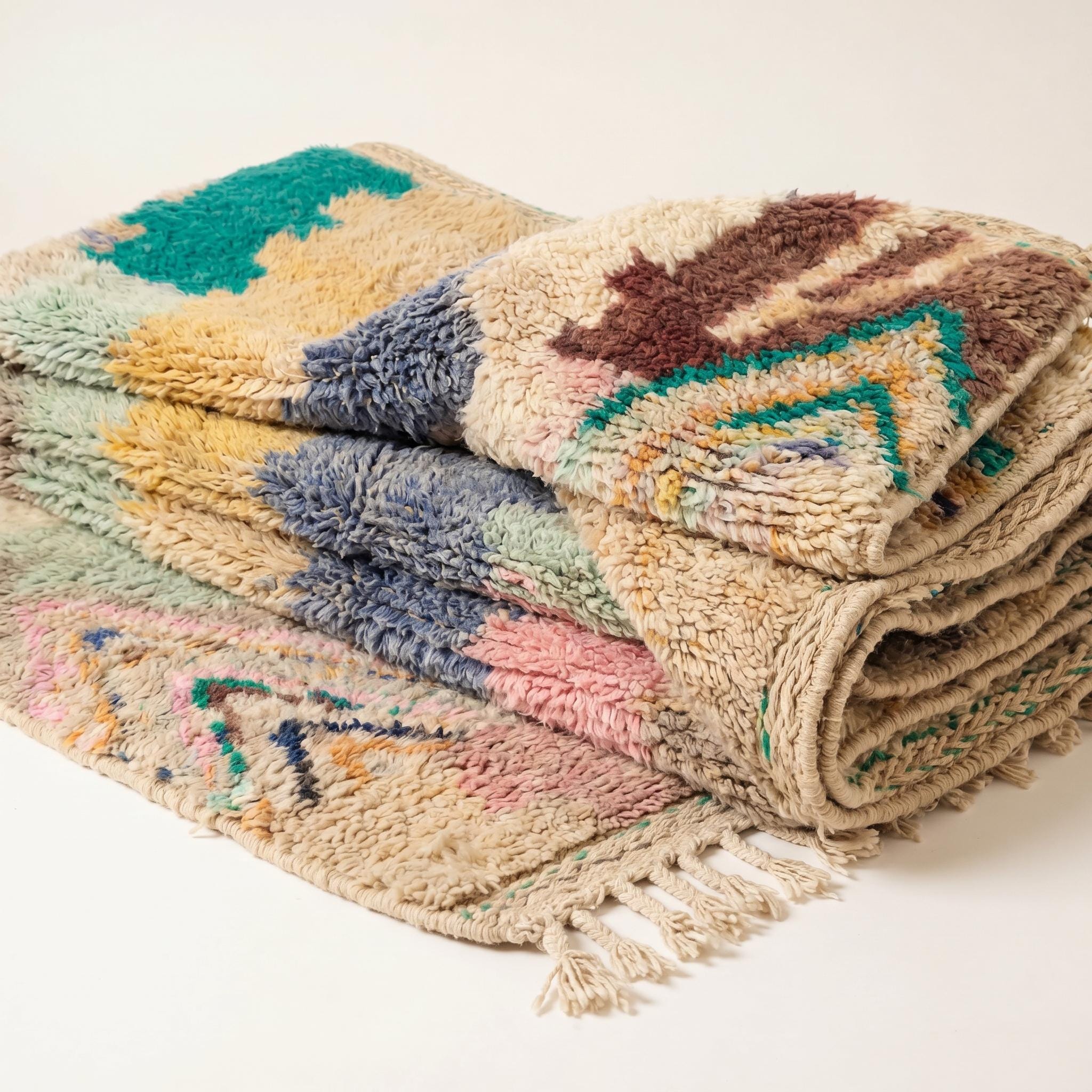 Boujaad Rug 8x5 ft - Sand Blue Pastel Wool Rug - One of a Kind Art Rug - Rare Abstract Berber Carpet - Collector Boho Rug