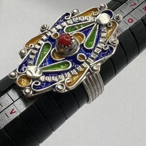 Kabyle Berber Ring: Sterling Silver, Enamel Coral - Handmade Adjustable Size FR 59 / 9 US