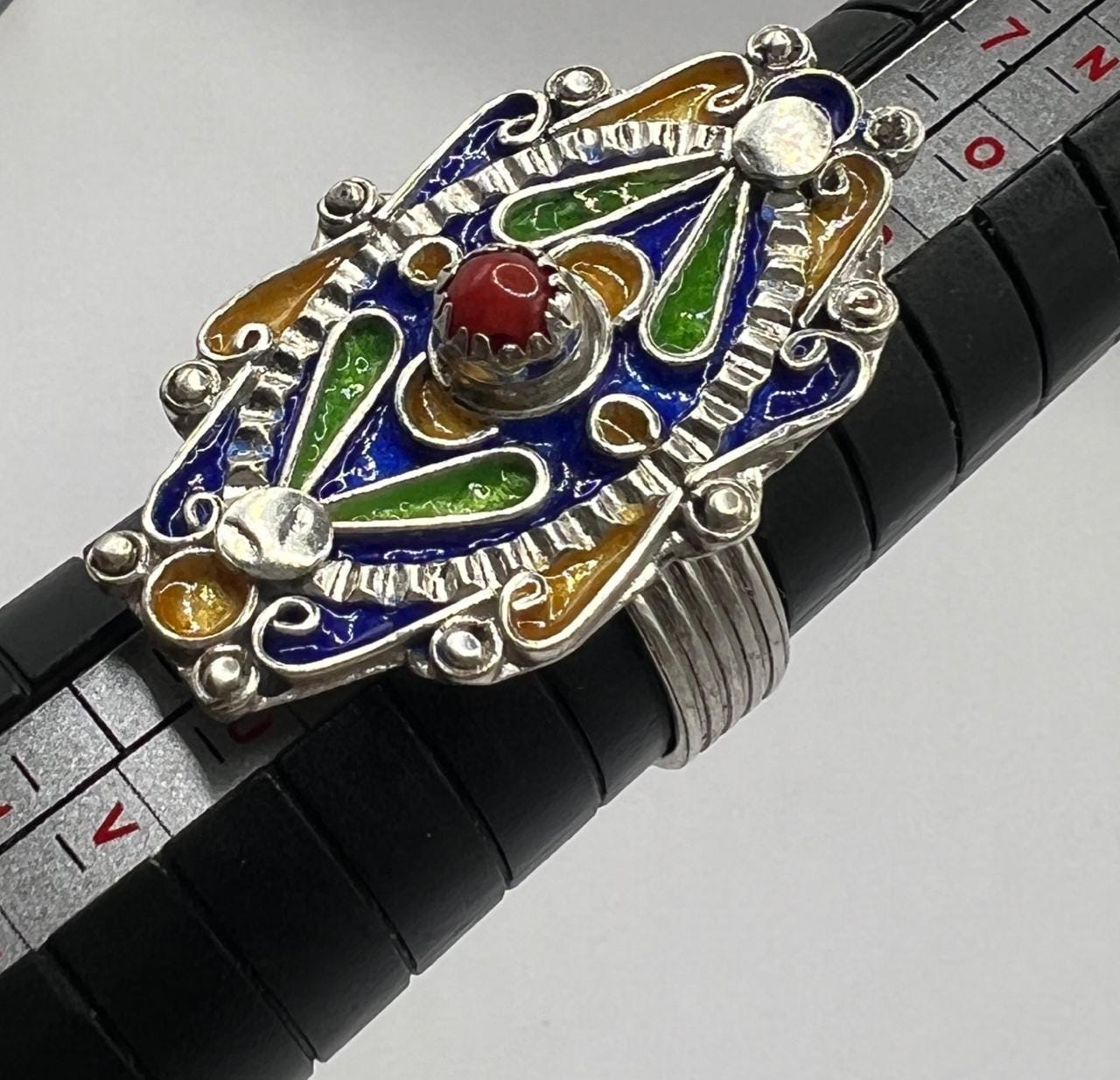 Kabyle Berber Ring: Sterling Silver, Enamel Coral - Handmade Adjustable Size FR 59 / 9 US