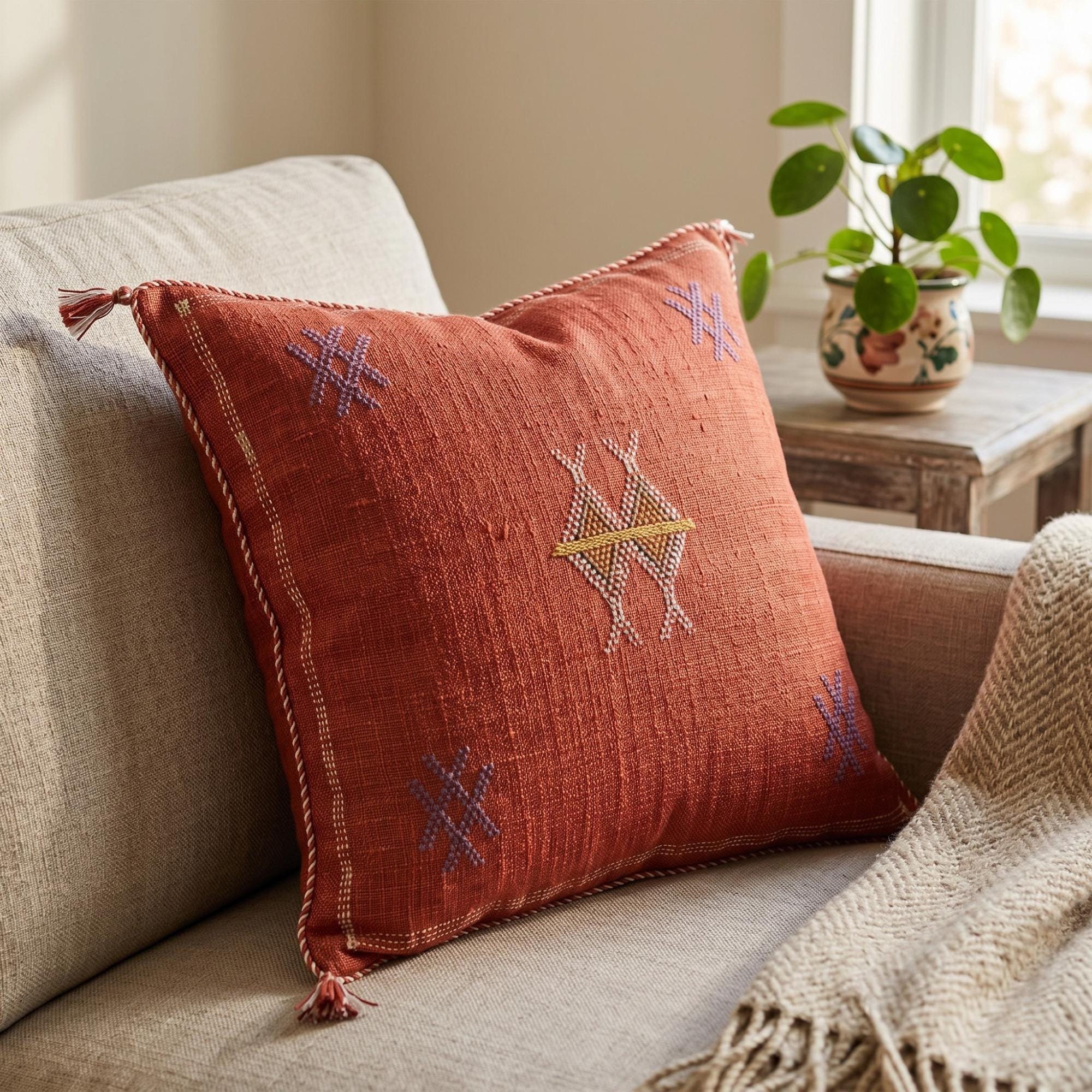 Berber Red Cactus Silk Handmade Sabra Cushion Pillow