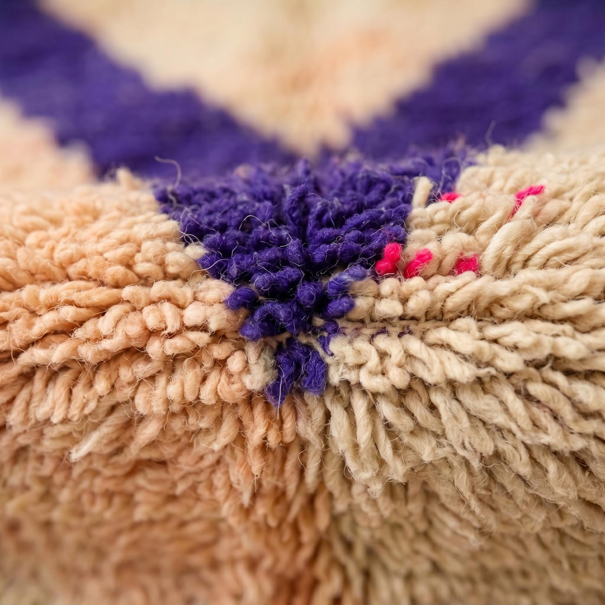 Boujaad Rug - Sandy Beige Purple Violet Wool Rug - Handmade Abstract Geometric Rug - One of a Kind Boho Berber Carpet