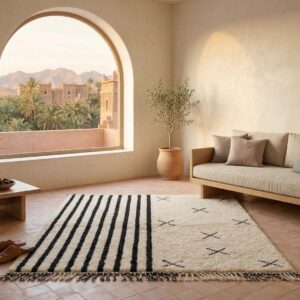 Handwoven Beni Ourain Rug, Black White Stripes, Asymmetric Berber Carpet, Boho Living Room