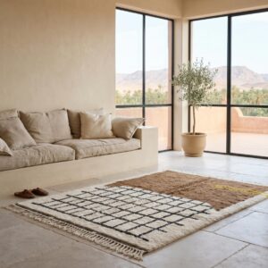 Chocolate Brown Grid Amazigh Rug, Hand-Knotted Beni Ourain Wool Carpet, Earthy Modern Shag