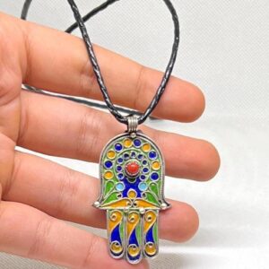 Enamel Hamsa Hand Sterling Silver Pendant: Amazigh Berber Coral Necklace