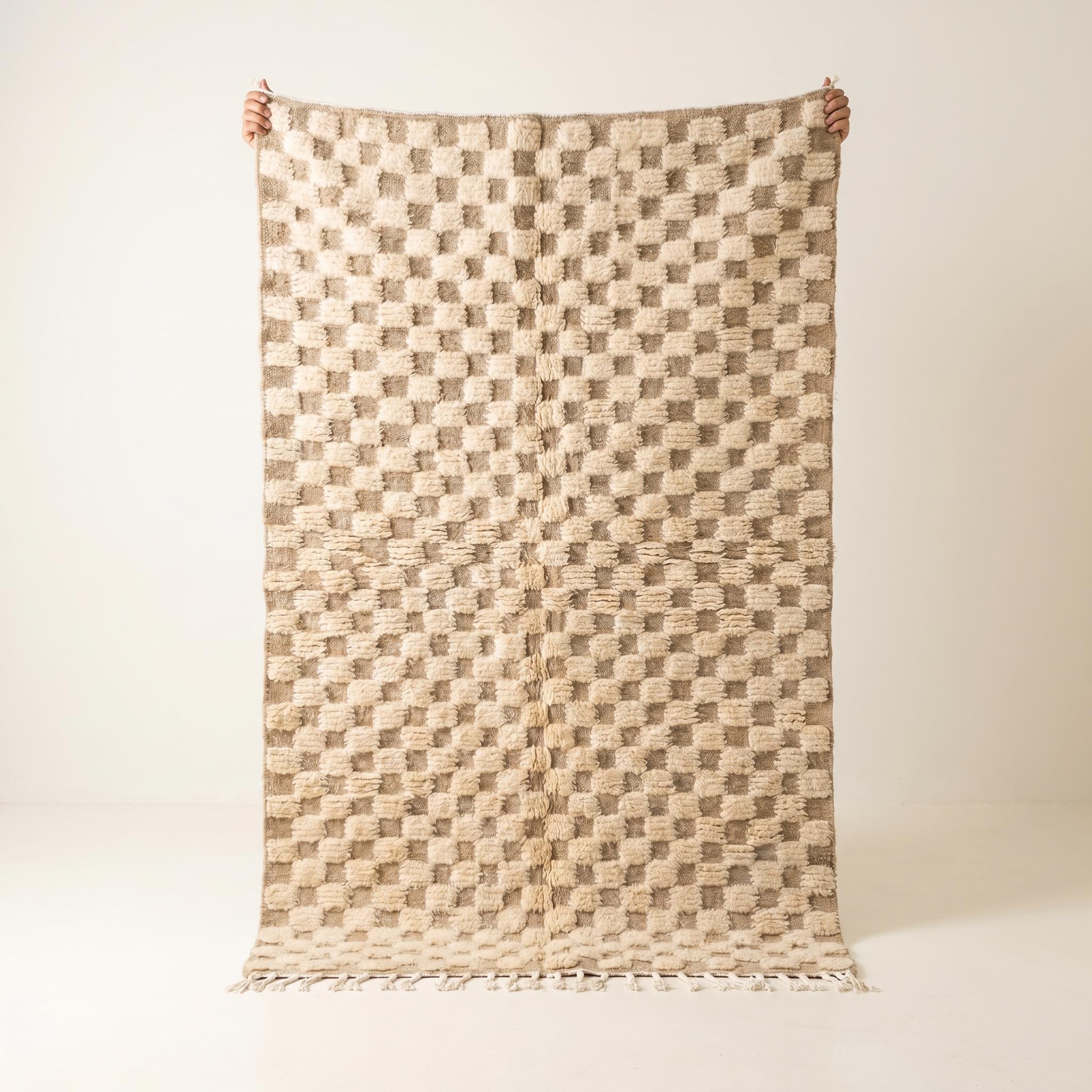 Checkered Rug - Ivory Beige Wool Rug - Handmade Checker Rug - Japandi Area Rug - Neutral Berber Carpet - Multiple Sizes