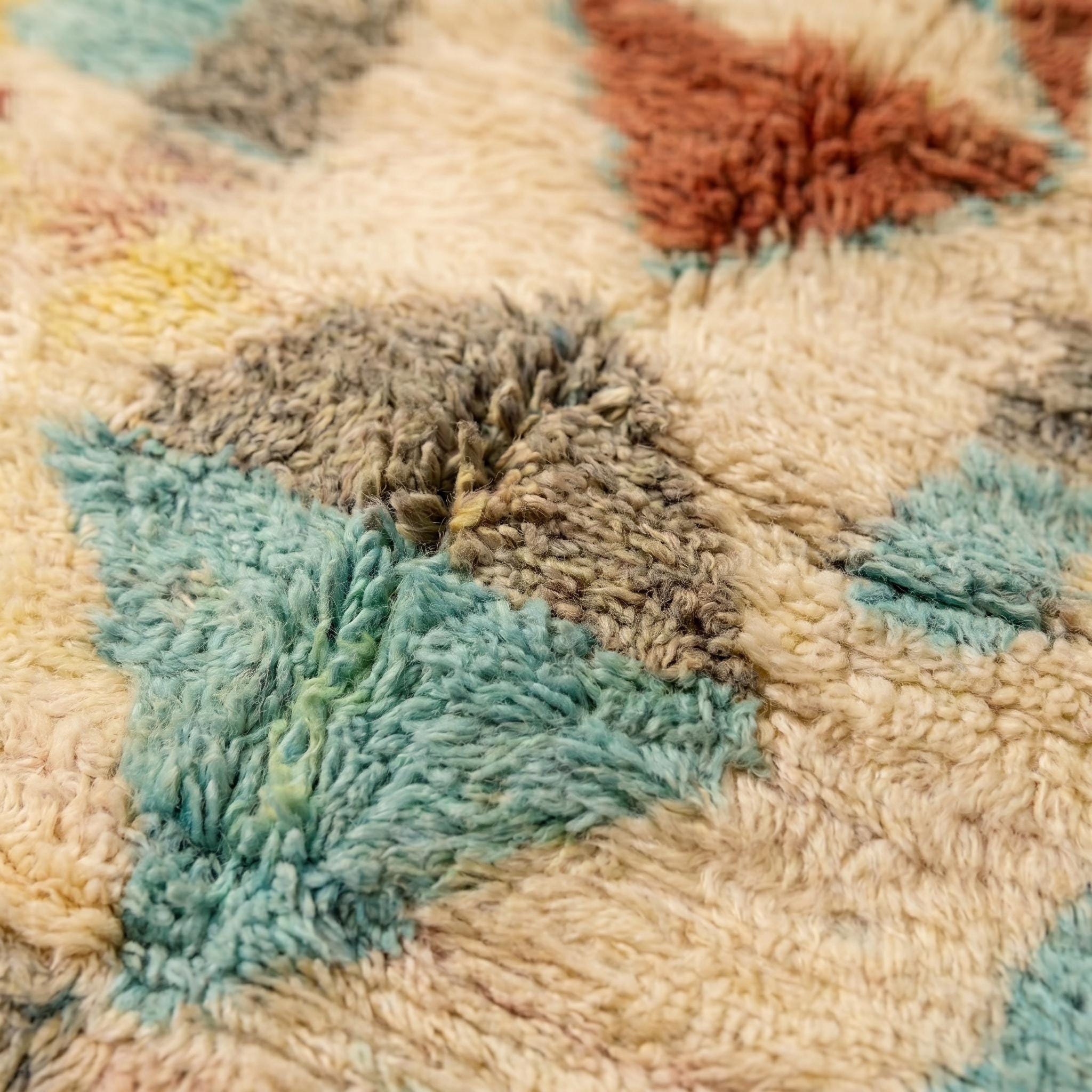 Boujaad Rug - Ivory Teal Yellow Grey Wool Rug - Handmade Abstract Symbol Rug - One of a Kind Boho Berber Carpet