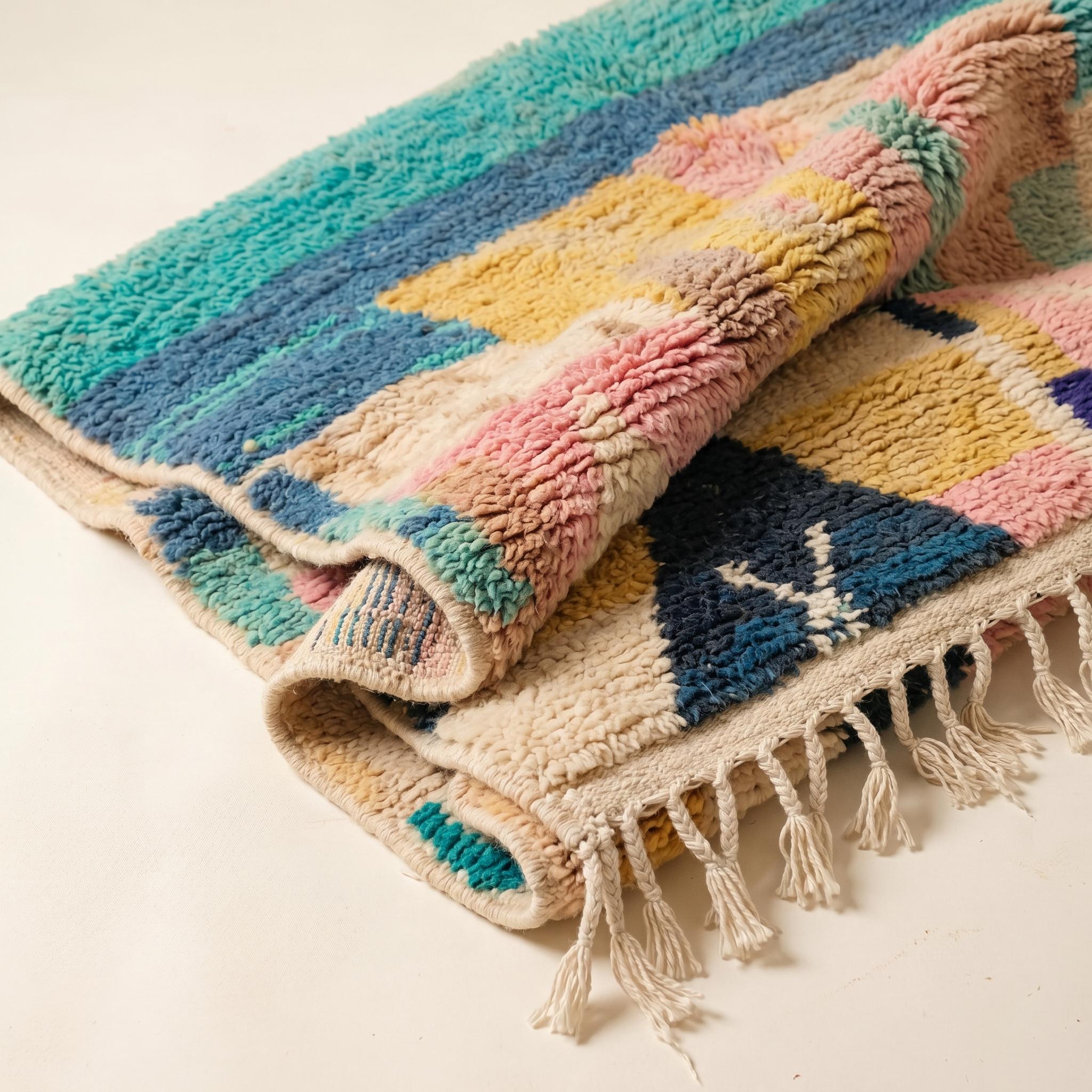 Boujaad Rug - Ivory Teal Multicolor Wool Rug - Handmade Abstract Vertical Rug - One of a Kind Boho Berber Carpet