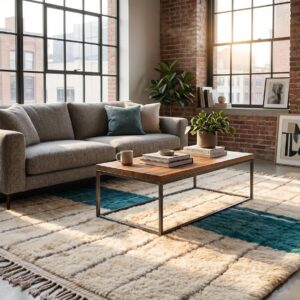 Ivory & Teal Beni Ourain Rug - Handwoven Wool Shag, Color Block Berber Carpet, Modern Boho Living Room Area Rug