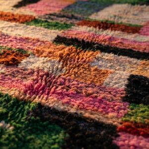 Tribal Wool Rug Multicolor - Handwoven Boujaad Berber Carpet, Pink Green Color Block Boho Custom Living Room Area Rug
