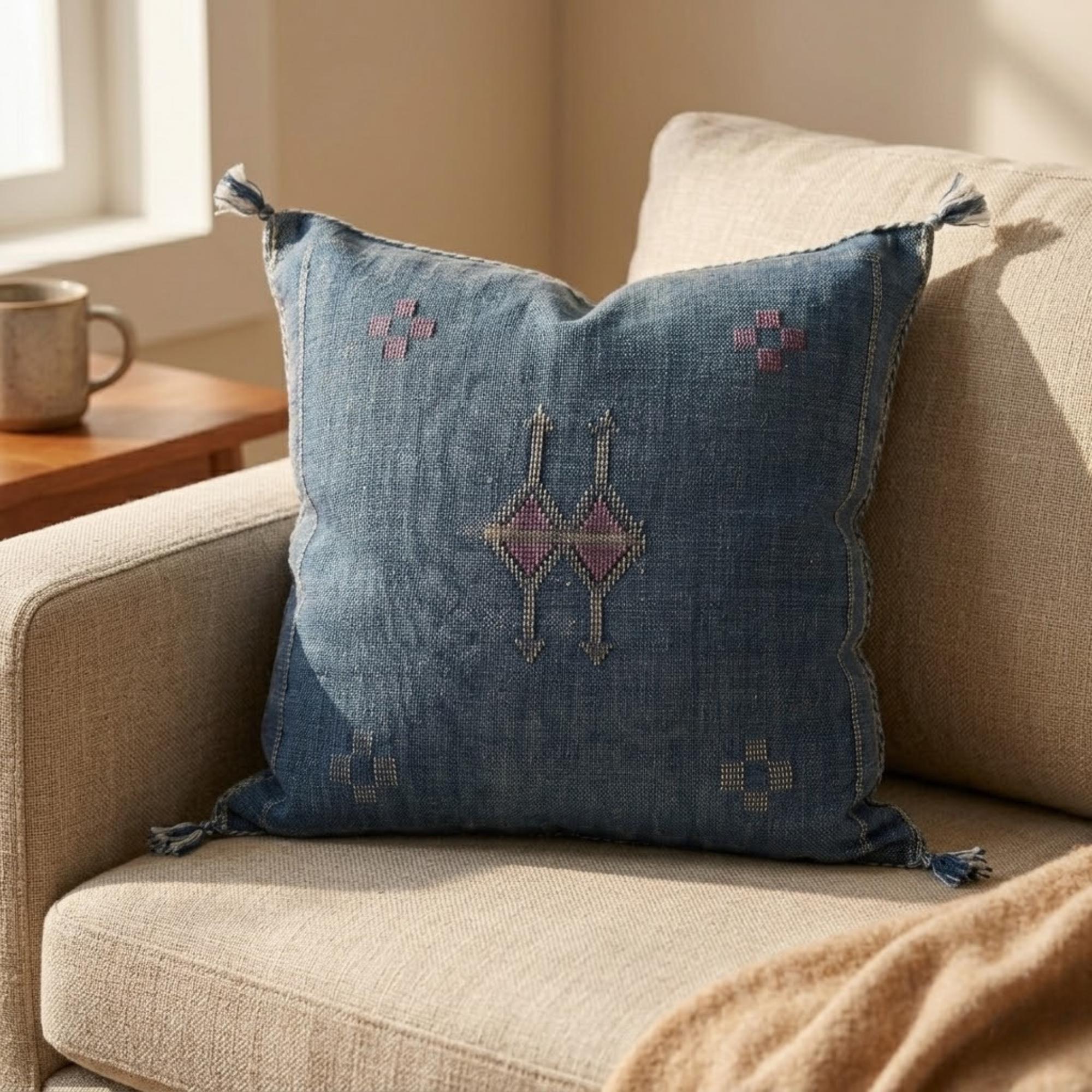 Berber Blue Cactus Silk Handmade Sabra Cushion Pillow