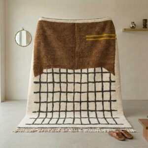 Chocolate Brown Grid Amazigh Rug, Hand-Knotted Beni Ourain Wool Carpet, Earthy Modern Shag