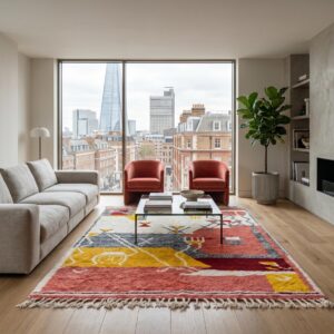 Hand Knotted Beni Ourain Wool Rug, Abstract Tribal Amazigh Carpet, Terracotta Burgundy Shag