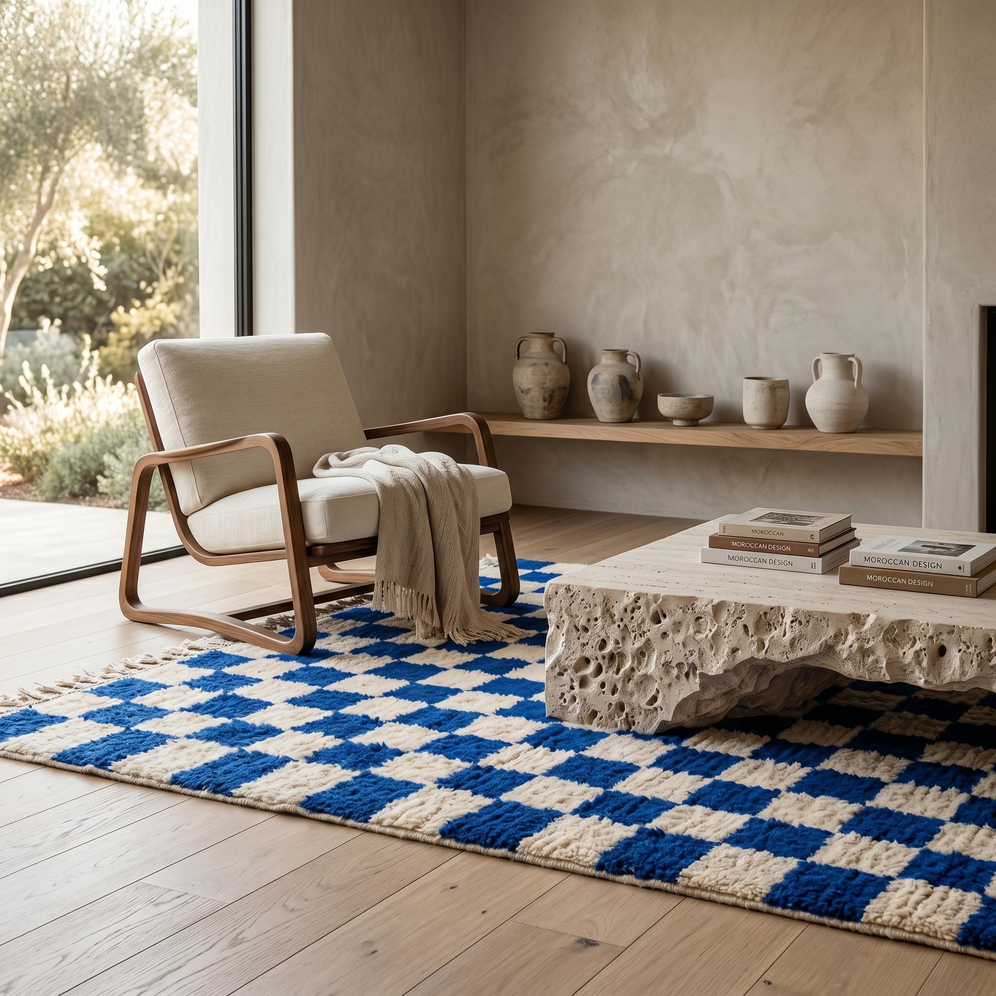 Checkered Rug - Royal Blue Ivory Wool Rug - Handmade Checker Rug - Bold Area Rug - Graphic Berber Carpet - Multiple Sizes