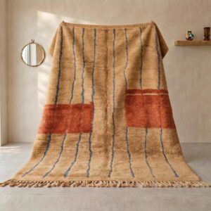Terracotta Color Block Berber Rug - Camel & Blue Stripe Wool Shag, Handwoven Beni ourain Living Room Rug