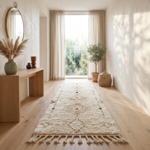 Beni Ourain Runner Rug, Berber Hallway Carpet, Cream and Brown Tribal Shag, Modern Minimalist Entryway Decor, Custom Size