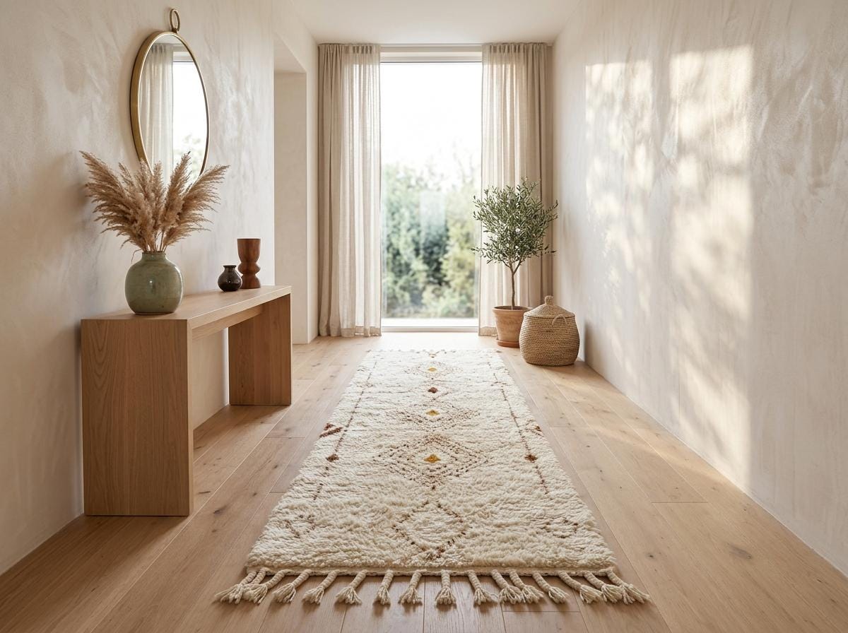 Beni Ourain Runner Rug, Berber Hallway Carpet, Cream and Brown Tribal Shag, Modern Minimalist Entryway Decor, Custom Size