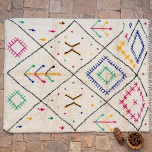 Hand-knotted Ivory Beni Ourain Wool Rug, Colorful Berber Symbols, Plush Shag Carpet